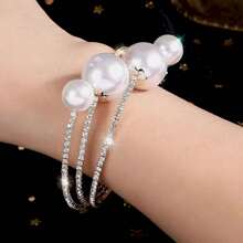 1 pièce Bracelet Manchette avec 3 rangées de perles et de strass sertis, Bracelet polyvalent en cristal