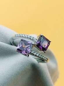 1 件方形双色锆石戒指，时尚迷人女士可调节指环，个性化奢华珠宝 - 黃色 - 查看 6