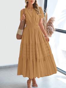 Womens Summer Maxi Dresses Short Sleeve High Waist Tiered Flowy A-Line Boho Bohemian Beach Long Dress Holiday Vacation Beach Valentine Long Dress Outfit - 卡其色 - 查看 3