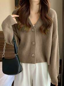 Solid Color Classic And Simple V-Neck Cardigan With Front Button And Long Sleeves,Long Sleeve Tops Casual - Khaki - View 3