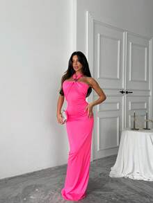 Women's Solid Color Elegant Backless Split Ruffle Hem Dress, Formal Wedding Party Evening Gown - Pink - View 1