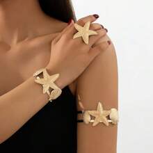 3 Peças Conjunto de Pulseira, Bracelete e Anel de Estilo Oceânico da Moda com Estrela do Mar e Concha, Presente para Mulheres, Adequado para Férias e Uso Diário