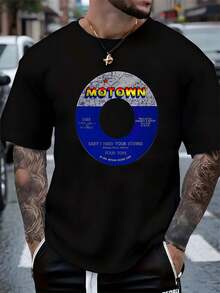 MOTOWN Men's Vintage Motown Music Graphic T-Shirt - 100% Cotton Slightly Elastic Round Neck Tee With Retro Record Cover Design, Comfortable Breathable Streetwear For Casual Outfits & Gifts,100% Pure Cotton Short Sleeved Shirt, Suitable For Summer, Loose Casual Round Neck, Men's Letter Printed T-Shirt - Black - View 1
