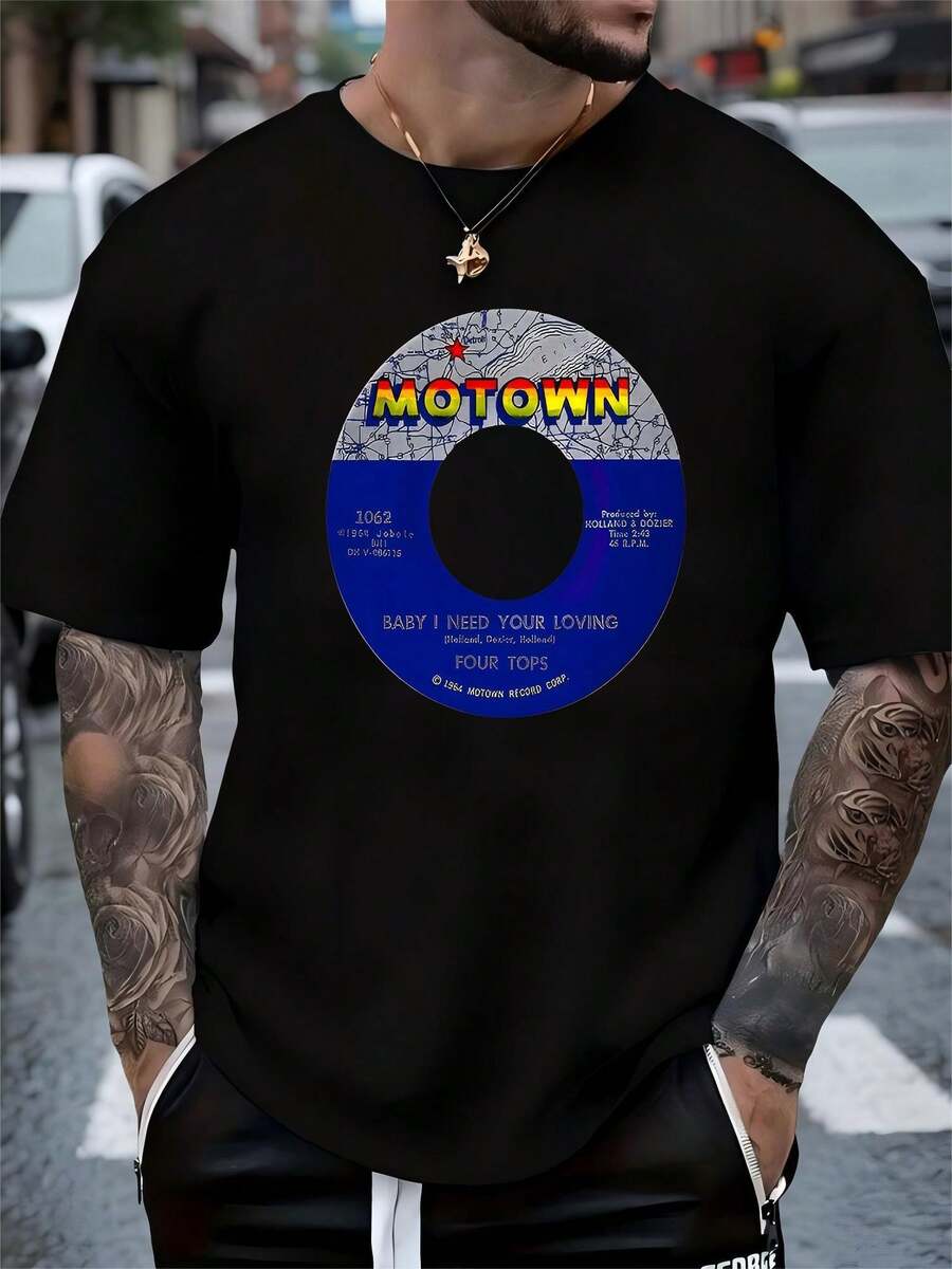 MOTOWN Men's Vintage Motown Music Graphic T-Shirt - 100% Cotton Slightly Elastic Round Neck Tee With Retro Record Cover Design, Comfortable Breathable Streetwear For Casual Outfits & Gifts,100% Pure Cotton Short Sleeved Shirt, Suitable For Summer, Loose Casual Round Neck, Men's Letter Printed T-Shirt - Black - View 1
