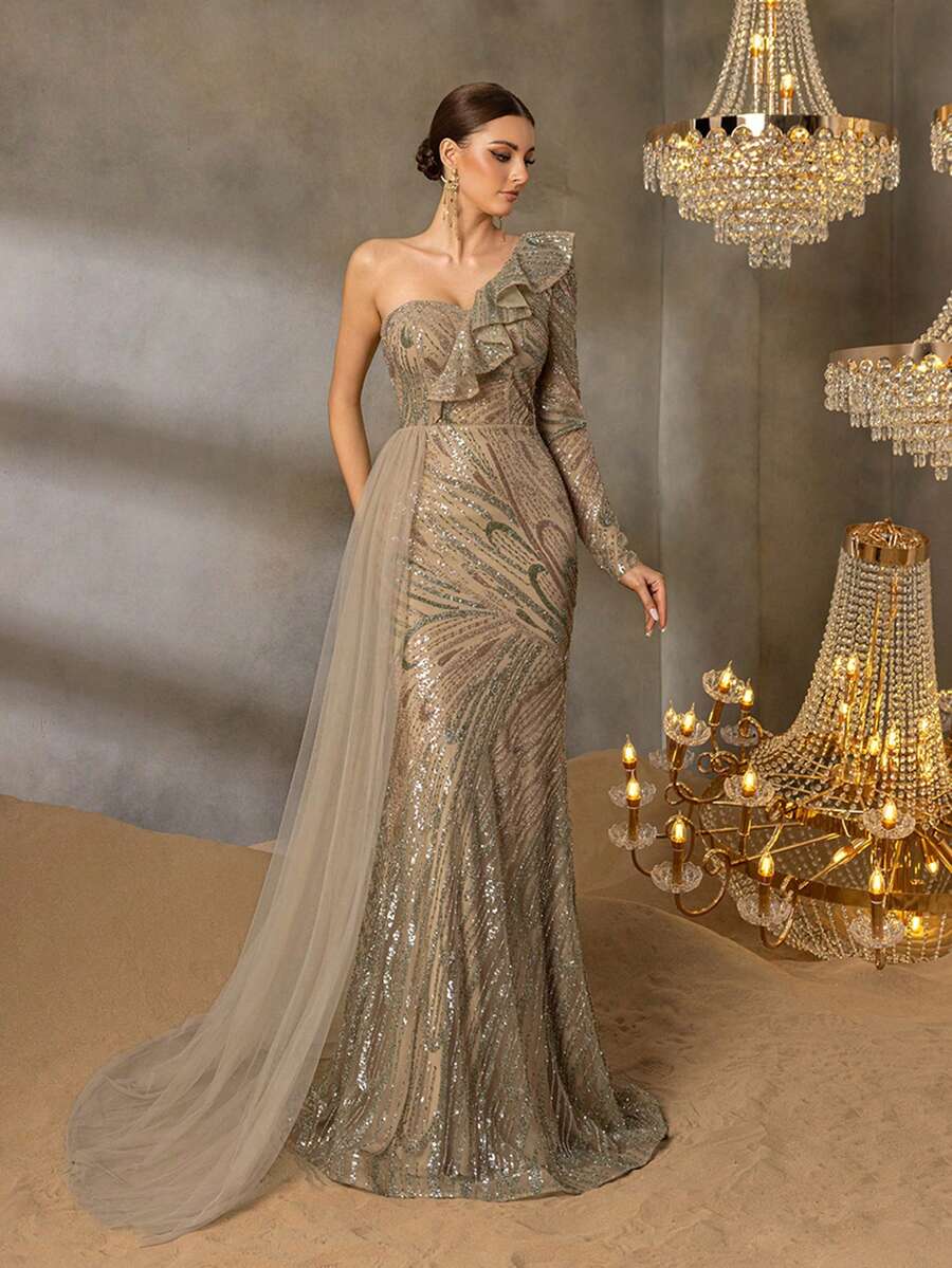 Faeriesty Luxuriöses Champagner-farbenes Abendkleid mit Perlen, asymmetrischem Träger, Meerjungfrauensaum und fließendem Tüllnetz-Drapierung an der Seite - perfekt für Hochzeiten, Galas, formelle Anlässe und Frühlings-/Sommerfeste