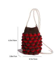 Women's Summer Woven Pearl Handbag, Cute Raspberry Crochet Knit Phone Pouch Crossbody Bag