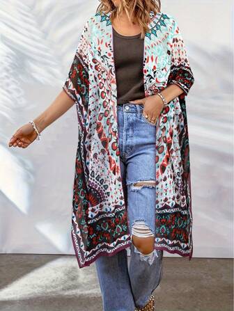 Print Kimono Cardigan Plus Size Women Spring Summer Beach Clothes Side Split Cover Up