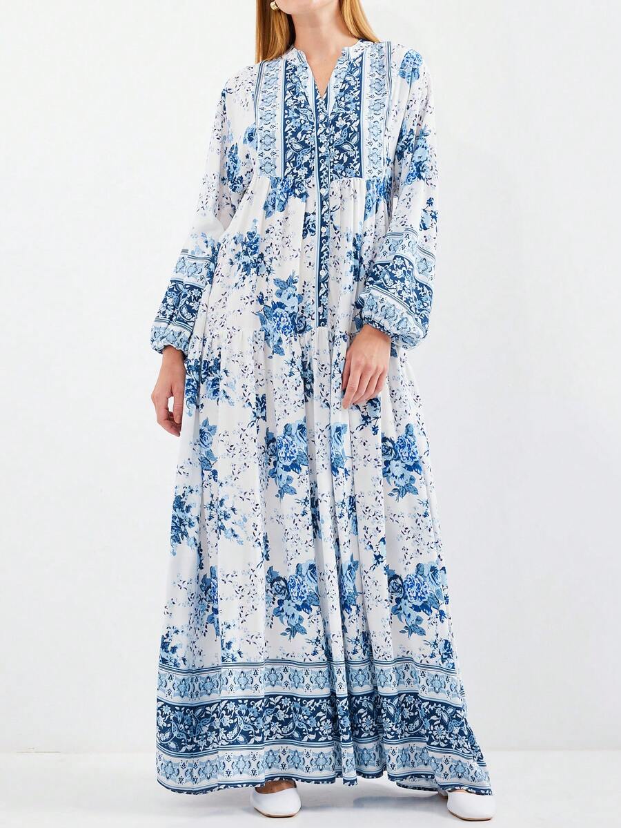 Women's Solid Color Tassel Tie-Front Lantern Sleeve Ruffle Hem Elegant Dress - Turquoise - View 1