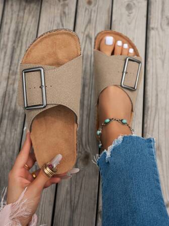 女士休闲时尚百搭平底凉鞋，带足弓支撑和可调节扣，耐磨防滑圆头单带拖鞋，夏季