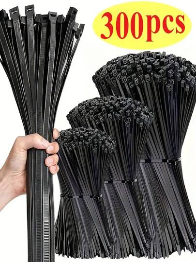 300pcs Black Nylon Zip Ties, Adjustable, Self-Locking, Waterproof & Non-Slip, 3.94/5.91/7.87 Inch, Suitable For Outdoor, Cable, Garden And Household Bundling, Secure Zipper, Adjustable Strap, Plastic