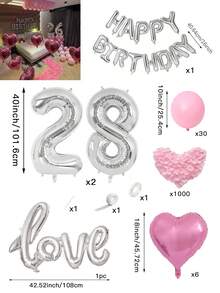 1042 件粉色生日派对装饰物、16 英寸银色生日快乐横幅、1000 片假玫瑰花瓣、40 英寸巨型铝箔数字气球，适合女性生日派对、单身派对、情人节派对 - 彩色 - 查看 26