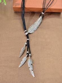 1pc Western Bohemian Black PU Rope Handmade Antique Silver Feather Pendant Necklace Women Holiday Jewelry