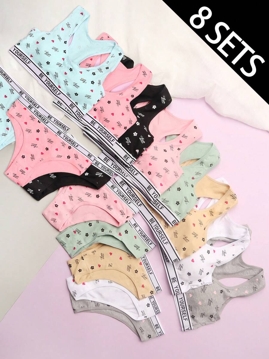 SIETEROSA 8 Sets Basic Underwear For Tween Girl 10-13 Wire-Less Breathable Cotton Soft Training Bras Matching Panties With Removable Padding - Nhiều màu - Xem 1