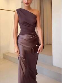 Vestido de satén de unicolor con escote en V, espalda descubierta, recorte de volantes asimétrico/asimétrico, elegante para fiesta, boda/playa, nuevo 2025