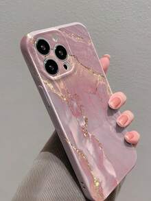 1pc Creative Marble Patterned Gold Plating Perforated Glossy Plastic Hard Phone Case Cover Compatible With Iphone 11/12/13/14/15/16 Pro Max Waterproof Shockproof Anti-Fall Scratch Resistant - Multicolor - View 2