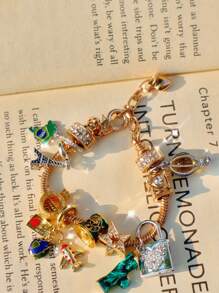 1pc Travel Souvenir Charm Bracelet, Fashion Map & Star Bracelet, Retro Statue Of Liberty Bracelet, Classic Lock Ladies Bracelet