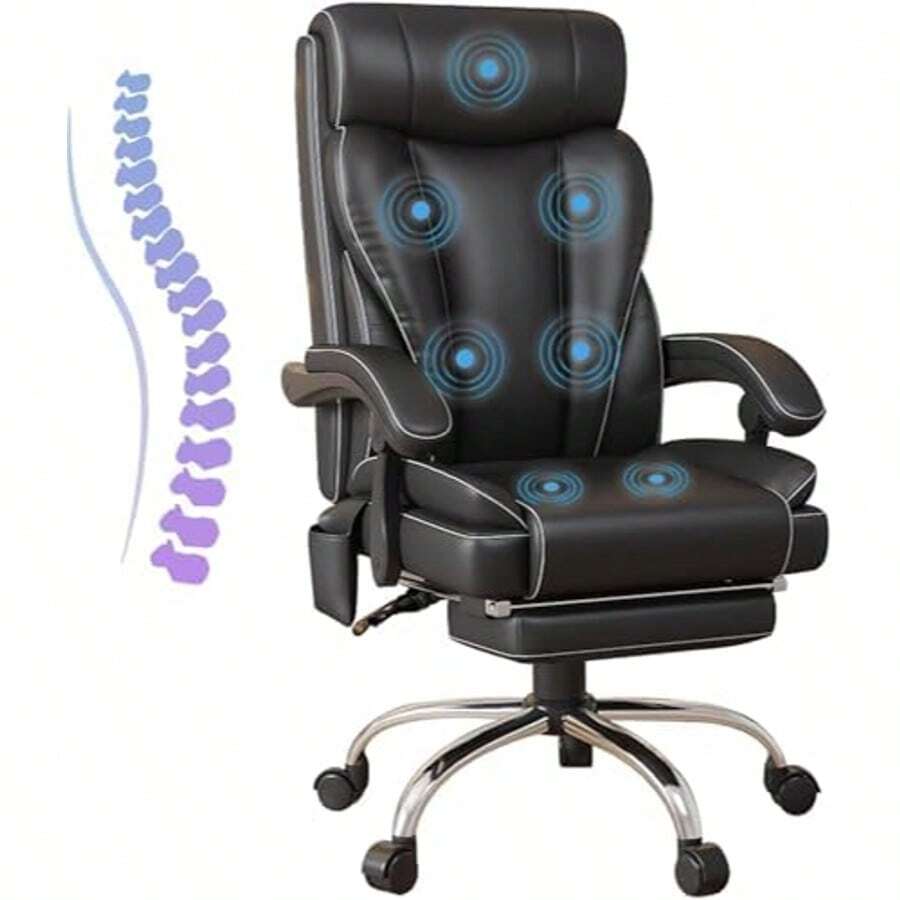 Massage Reclining Office Chair With 7 Points Vibration, Home Office Desk Chair With Footrest & Wheels, 350lb - 黑色 - 查看 1