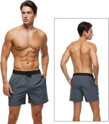 Men's Swim Trunks Quick Dry Beach Shorts With Zipper Pockets And Mesh Lining - Grey - View 2