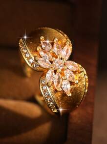 1pc Fantasy Flowers Shape 18k Gold Plated Engagement Rings For Women Luxury Hallow Cubic Zirconia Wedding Ring For Daily Decoration, Banquet, Prom, Party Jewelry Gift