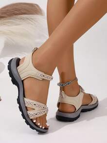 Women's Outdoor Sandals, Beach Shoes With Contrast Color Hook And Loop Strap, Massage Footbed, Non-Slip & Durable Soles, Sport Slides - Beige - View 3