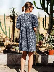 Women Elegant Leopard Print Round Neck Tie Front Short Sleeve Mini Dress