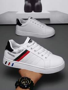 Men's White Leather Boat Shoes, Breathable Casual Sneakers, Student Flat Deck Shoes, Korean Fashion Casual White Leather Shoes - White - View 3