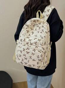 3 Pieces Set Solid Color Nylon Casual Fresh Style Strawberry, Bow Knot, Cherry Allover Printed Lanyard, Foldable Large Capacity Zipper Backpack, Suitable For Women,College Students, Going To School, Shopping, Travel Storage Bag