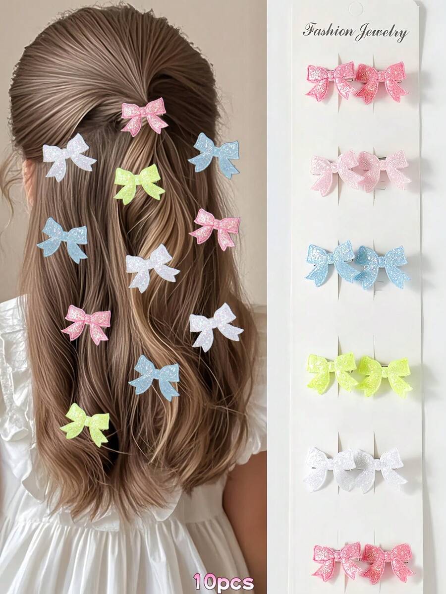 10pcs/Set Girls Adorable Shiny Bowknot Bangs Clips Side Hairpin Hair Accessories