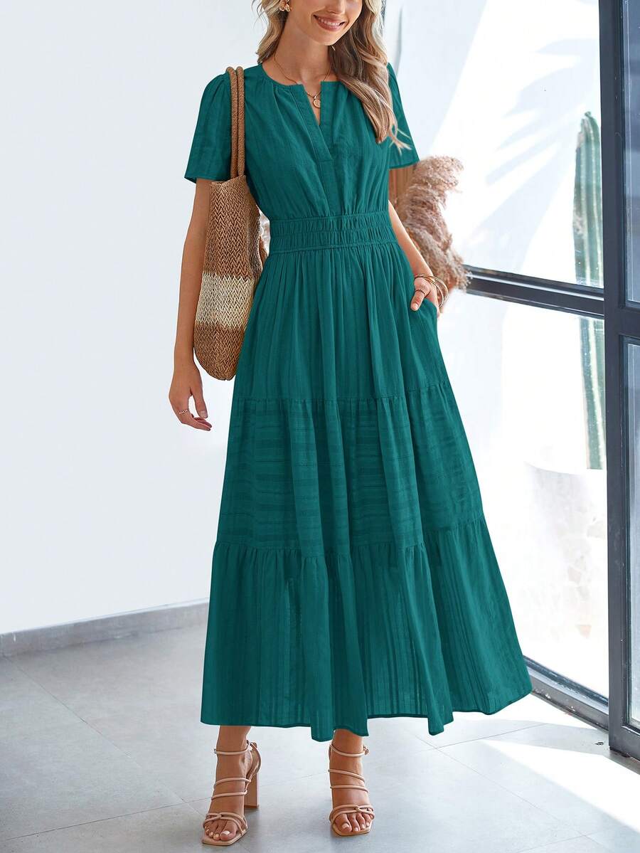 Womens Summer Maxi Dresses Short Sleeve High Waist Tiered Flowy A-Line Boho Bohemian Beach Long Dress Holiday Vacation Beach Valentine Long Dress Outfit - 孔雀綠 - 查看 1