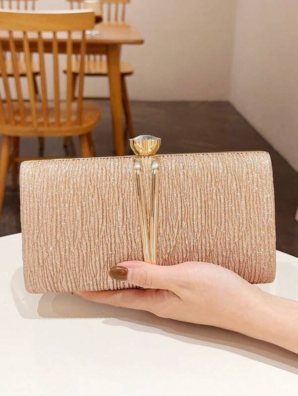 1pc Metallic Buckle Shiny Pleated Women's Evening Party Clutch Bag, Fashion Elegant Versatile Mini Purse For Banquet, Wedding, Gala, Cocktail Party, Prom, Paired With Evening Dress And Bridesmaid Dress, Shoulder/Crossbody Chain