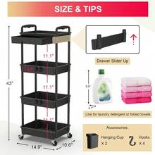 Rolling Practical Cart Storage With Detachable Drawers, Stable And Sturdy Black Rolling Storage Cart With Lockable Wheels, Suitable For Bathroom, Kitchen, Snacks, Crafts, Cosmetics, And Baby Essentials - 4Tier - 查看 4