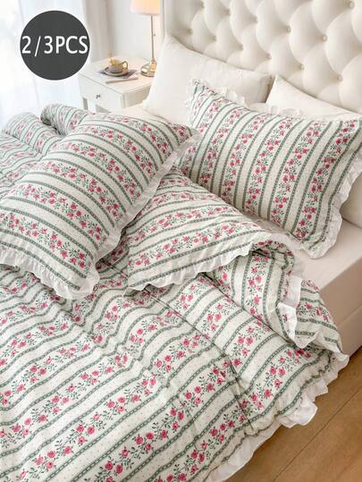 2/3件套100%涤纶花卉蕾丝被套组（不含被芯），（1个被套和1/2个枕套），现代涤纶床上用品套装，四季皆宜