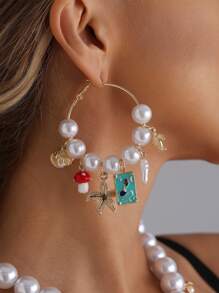 Faux Pearl Marine Life Necklace And Earring Set, With Assorted Charms - Starfish, Shell, Turtle, Mushroom Jewelry Set