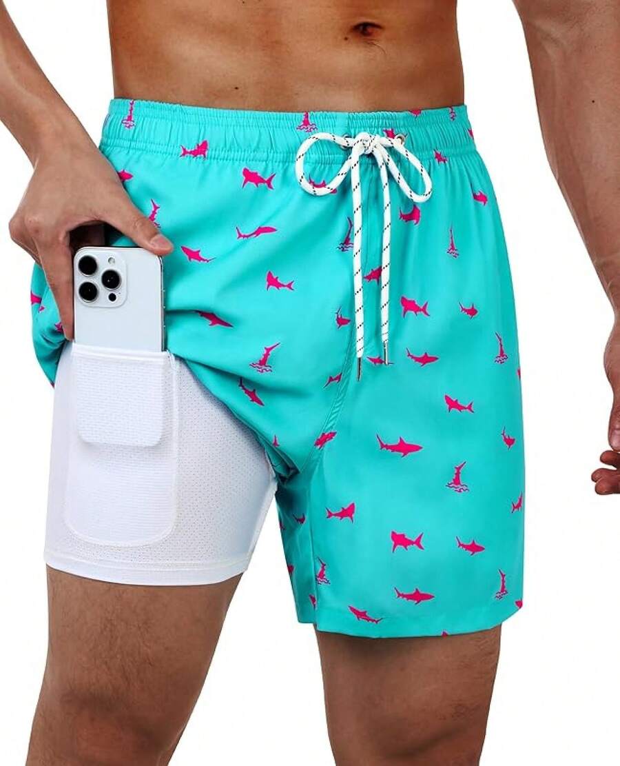 Bañador de hombre con forro de compresión, pantalón corto de baño de 5 pulgadas de entrepierna para hombres - Azul tiburón - Ver 1