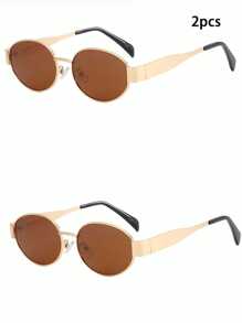 2pcs/Set Metal-Framed Oval-Shaped Retro And Fashionable Glasses Are Popular In Europe And America. They Are Suitable For Men And Women To Use Daily In Summer And Wear When Traveling To The Beach