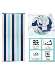 Large Striped Beach Towel, 31''x71'' Microfiber Sand Free Quick Dry Soft Beach Towel For Swimming Pool Picnic Bath - Ocean Blue - View 3