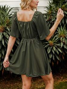 Vestido Casual de Manga Corta con Volante y Escote Corazón con Nudo Fruncido para Mujer - Verde militar - Ver 4