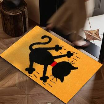 This Is A Floor Mat. The Main Body Is Yellow, With A Black Cat Pattern On It. The Cat Is Wearing A Red Collar And Presenting A Playful Posture