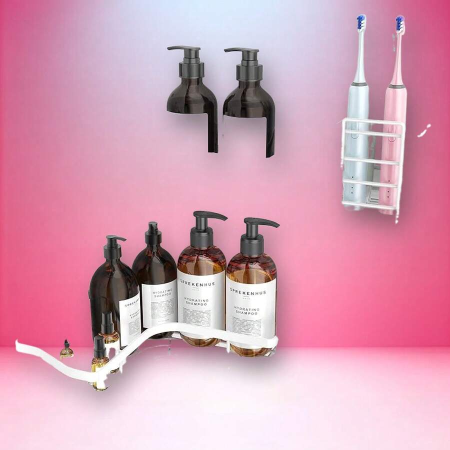 3 Pack Corner Shower Caddy Adhesive Organizer Pink Adhesive Shower Organizer For Bathroom Storage, Rustproof Stainless Steel Shower Shelves, No Drilling, Space-Saving Shower Rack Shelf For Inside Shower, Pink - 白色 - 查看 1