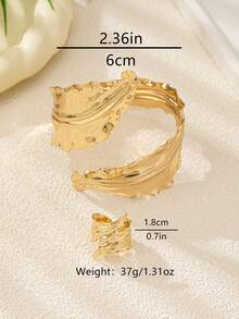 1pc Leaf-Shaped Metal Bracelet + 1pc Adjustable Ring, Exaggerated Fashion Style Suitable For Women Wear And Gift - Golden Leaves Set - View 10