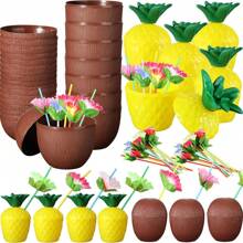Juego de decoración para fiesta hawaiana - Vaso de coco de plástico de gran capacidad con pajita, diseño tropical de flores y piña, reutilizable, apropiado para celebraciones temáticas, decoración de fiestas | Tema tropical | Vasos de fiesta reutilizables fáciles de limpiar, accesorios para la piscina | Estilo tropical | Vasos de plástico duraderos, decoración de fiesta hawaiana