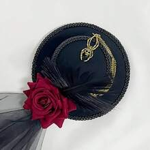 1pc Gothic Retro Steampunk Mini Top Hat With Skull, Feather, Rose Chain Decoration - Anime Vampire Theme Party Women Headpiece, Non-Stretch Brocade, Dark Headdress With Feather Accent Halloween - Multicolor - View 9