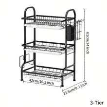 High-Quality Carbon Steel Three-Tier Dish Rack With Drainage And Separation For Dry And Wet Ware, Includes Utensil Holder, Cutting Board Holder, Bowl Holder, Cup Holder, And Drainage Pipe, Black Metal With White Accents,Perfect For Kitchen Storage
