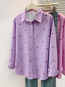 Camicia a maniche lunghe con colletto polo, stampa a cuori e righe, casual, abbottonata, adatta per primavera, estate e autunno, per uso quotidiano - Strisce viola - Visualizzare 2