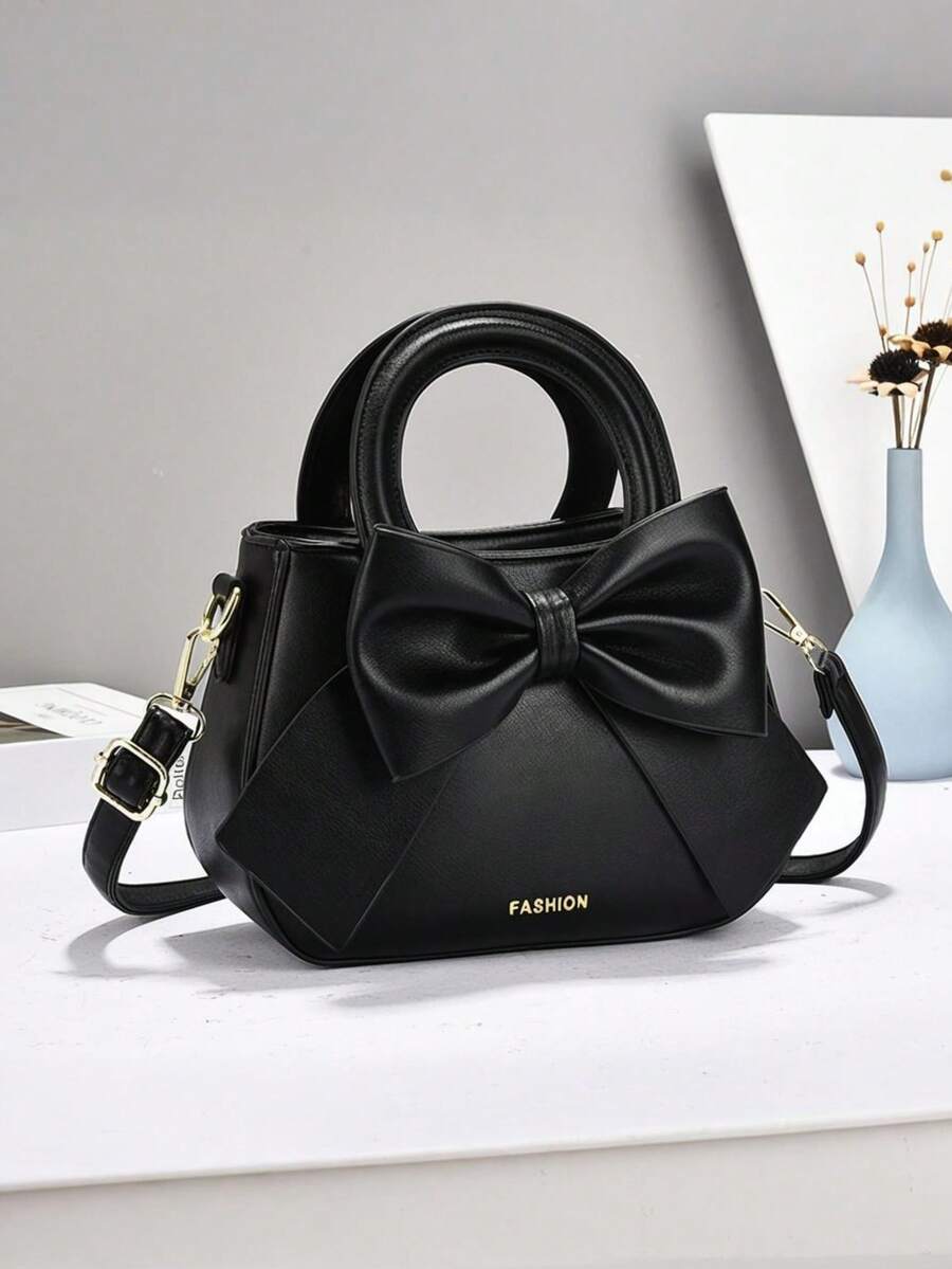 2025 新款纯色女士手提包优雅蝴蝶结装饰托特包经典单肩包适合学生、教师、白领人士、女性办公室和工作斜挎包配有可调节肩带 - 非常优雅，时尚蝴蝶结女士钱包，时尚女士优雅包情人节礼物爱浪漫优质简约时尚最佳礼物，黑色 - 彩色 - 查看 1