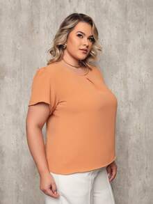 ONLYONE - PLUS SIZE WOMEN'S BLOUSE, SHORT SLEEVE, PRINCESS, PLEATED NECKLINE, LIGHT DUNES - ELEGANT WOMEN'S BLOUSES, LARGE - Mocha Brown - View 3