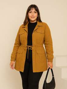 WOMEN'S PLUS SIZE BENGALINE JACKET PLUS SIZE WINTER OVERCOAT WITH CINCHED DRAW CUFF PARKA COAT MODEL - Mustard - View 1