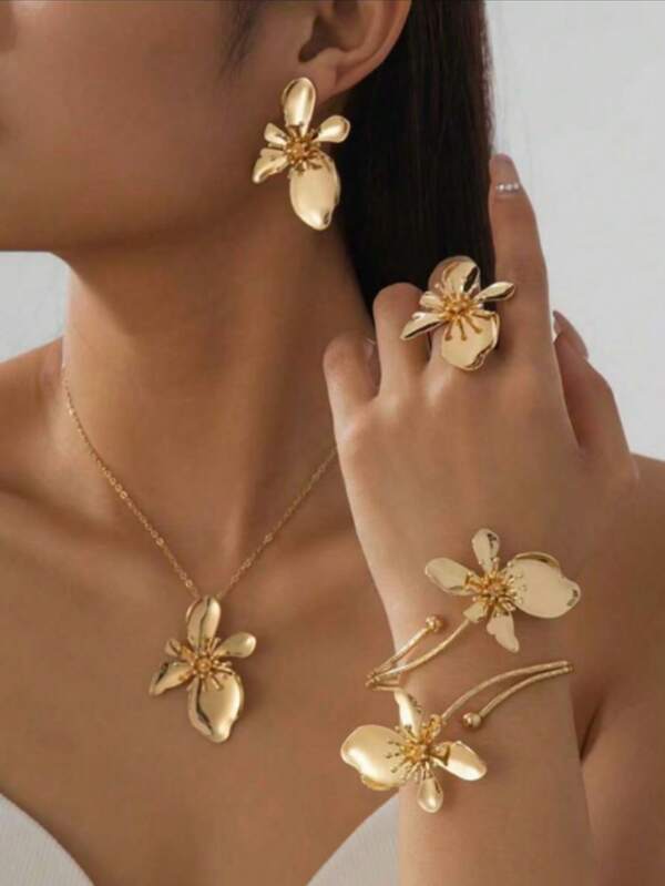 1 Set Summer New Asymmetrical Golden Floral Pendant Necklace, 1 Pair Earrings, 1 Ring, 1 Bracelet Women Jewelry Set (No Gift Box)