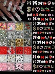 1Box Random Mixed ABS Bows Flowers Pearls Nail Charms Round Water Diamond Y2K Pink Laser Film Gold And Silver Alloy Butterfly Cherry Water Diamond Versatile Nail Art Accessories DIY - 彩色 - 查看 1