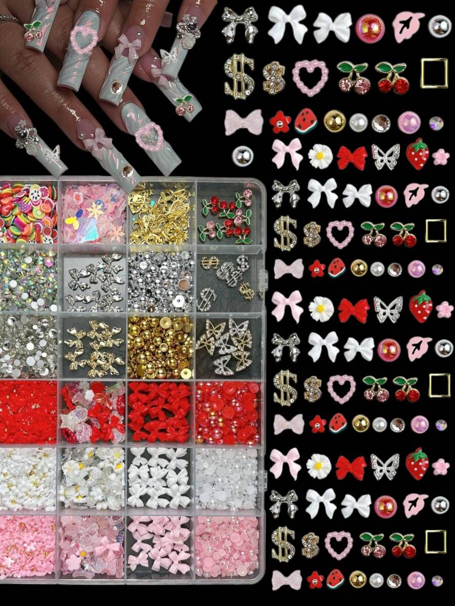 1Box Random Mixed ABS Bows Flowers Pearls Nail Charms Round Water Diamond Y2K Pink Laser Film Gold And Silver Alloy Butterfly Cherry Water Diamond Versatile Nail Art Accessories DIY - 彩色 - 查看 1